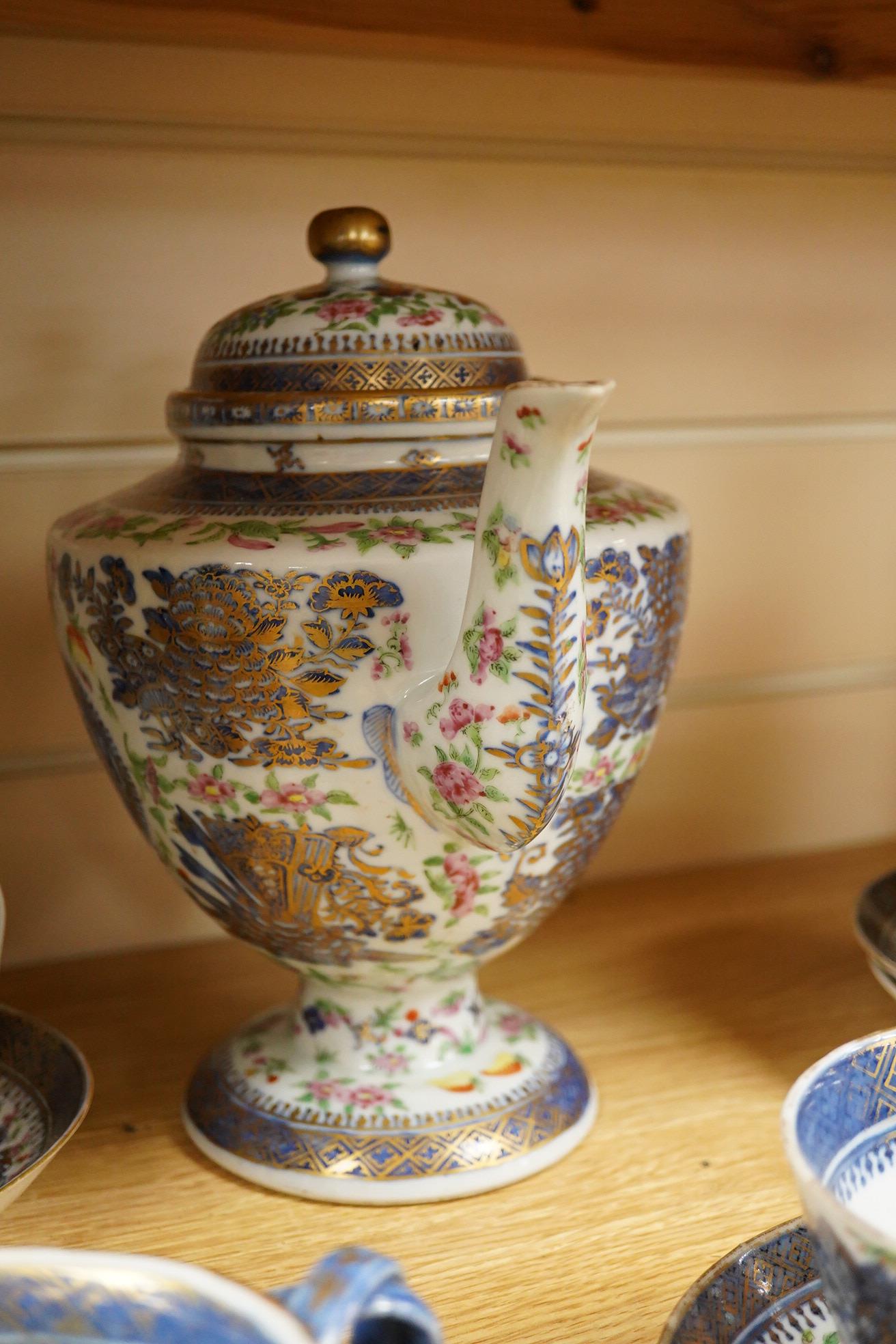 An early 19th century Chinese porcelain part tea set and matching sauce boat - teapot 25cm high